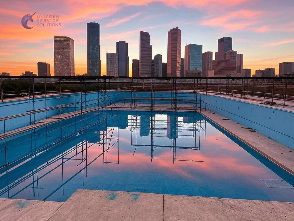 A skyline of the city of Houston with a permitted swimming pool being on built